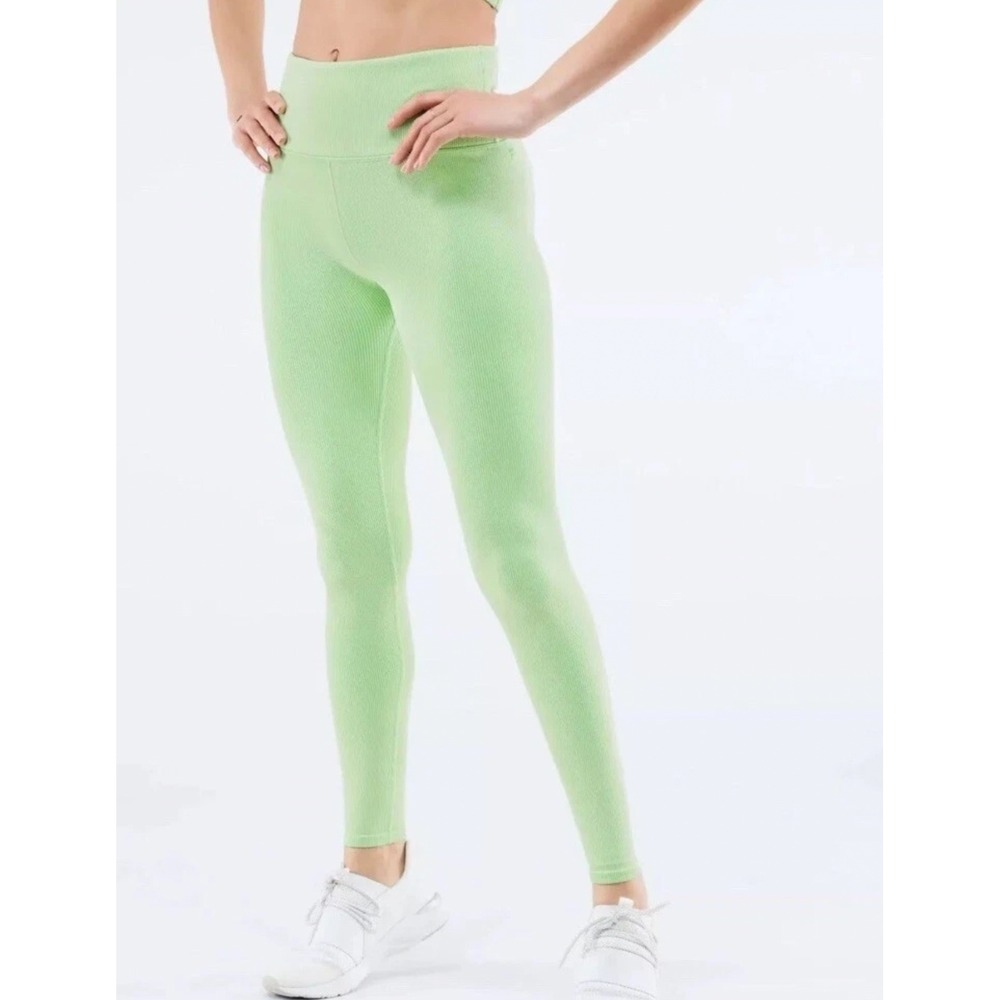 Fabletics Women Large Ribbed High Waisted Leggings Lime Green Athleisure Active